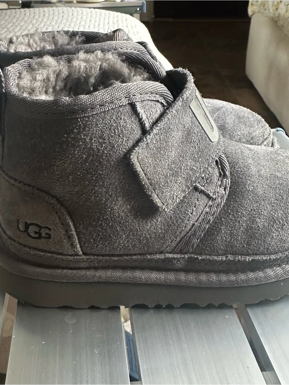 UGG Kids Charcoal Gray Suede Shearling Strap Slippers